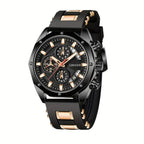 Luxury watch with black and rose gold design on a white background