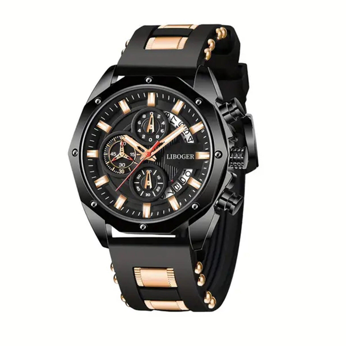 Luxury watch with black and rose gold design on a white background