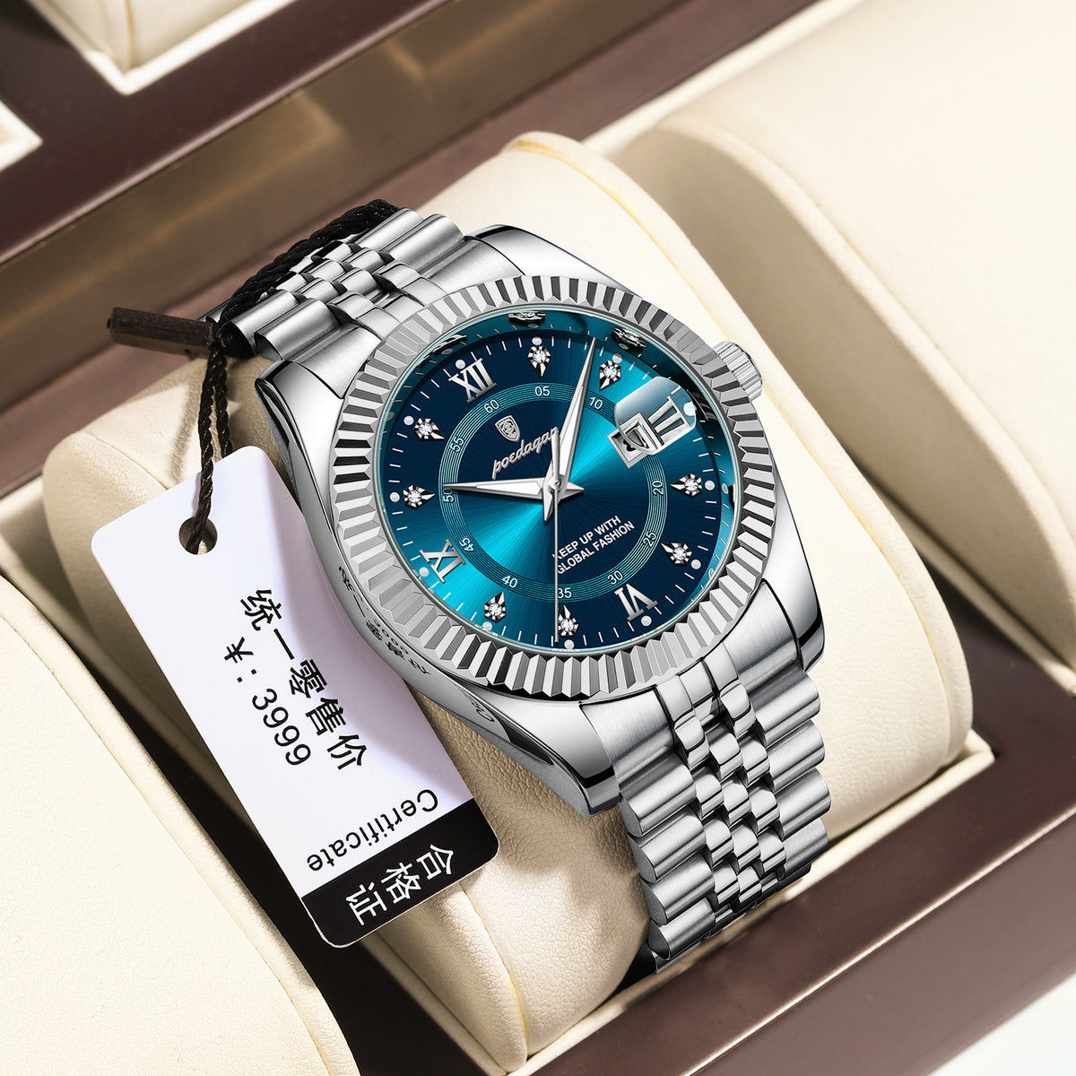 Luxury watch with blue dial and silver bracelet in a box, featuring a price tag.