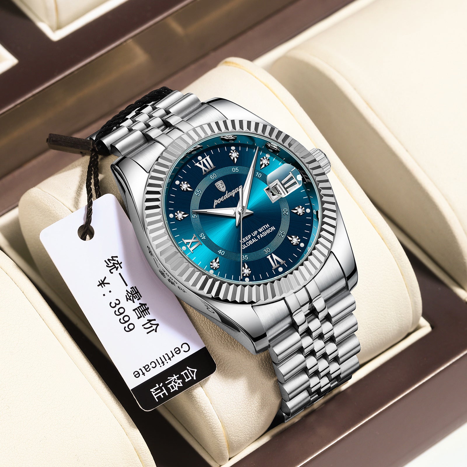 Luxury watch with blue dial and silver bracelet in a box, featuring a price tag.