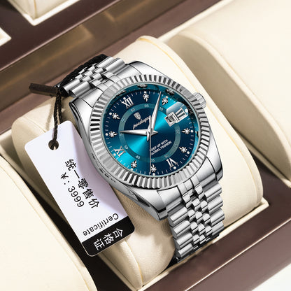 Luxury watch with blue dial and silver bracelet in a box, featuring a price tag.