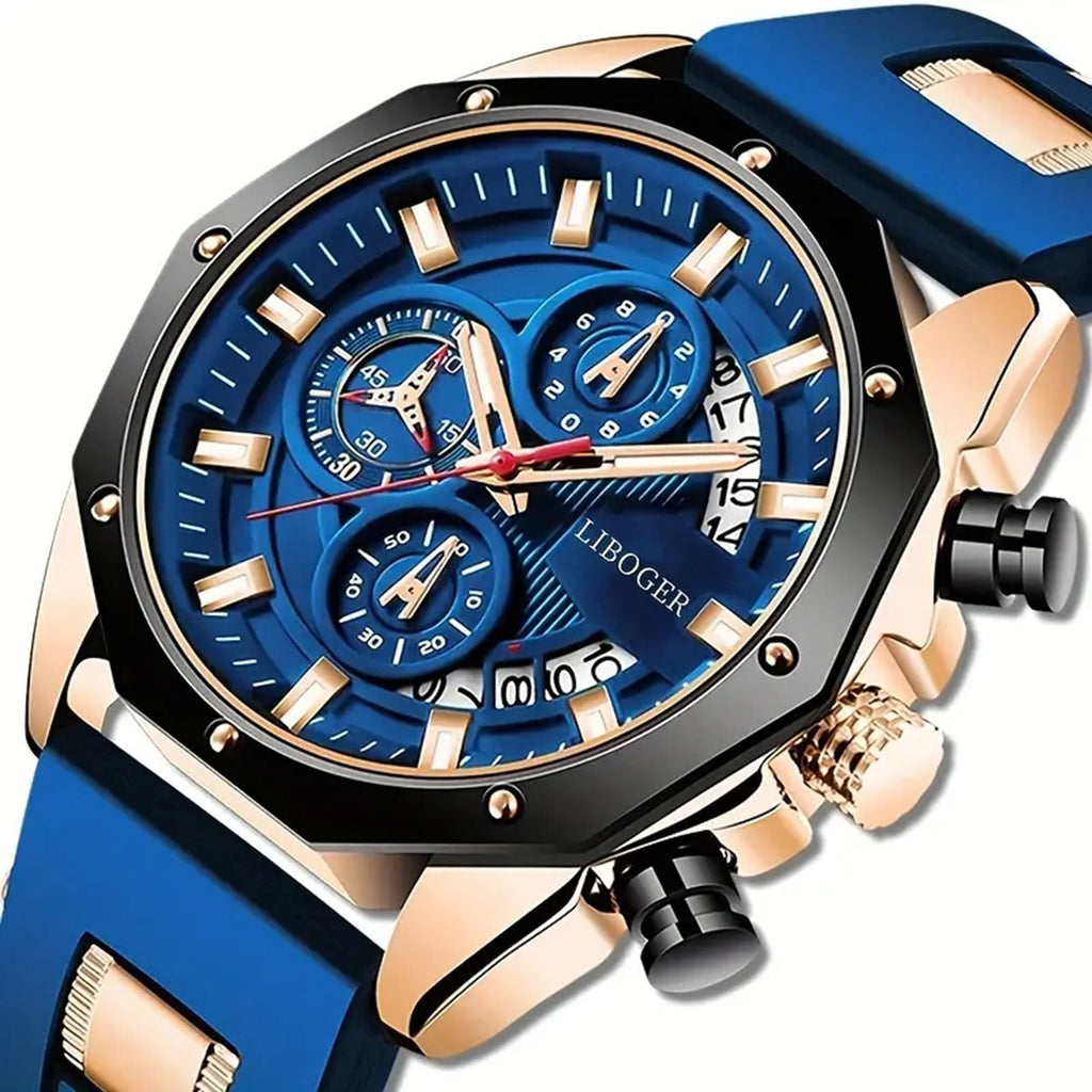 Luxury watch with blue strap and detailed face on a white background