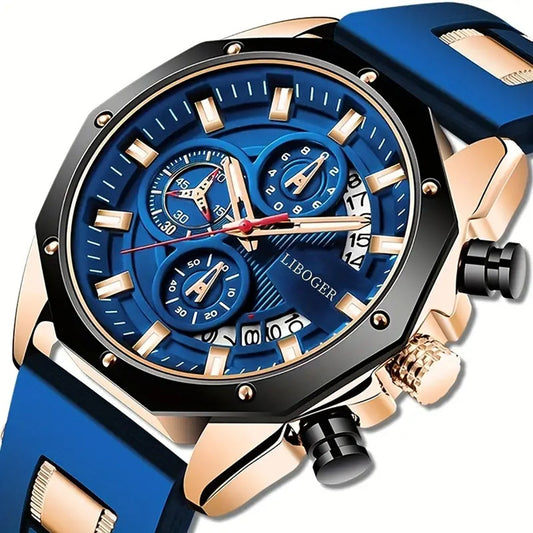 Luxury watch with blue strap and detailed face on a white background