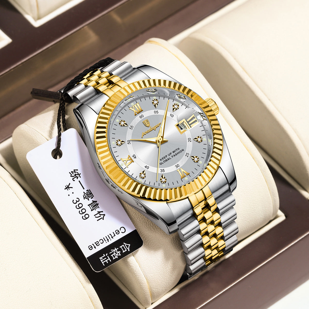 Luxury watch with gold and silver band in a box, featuring a price tag.