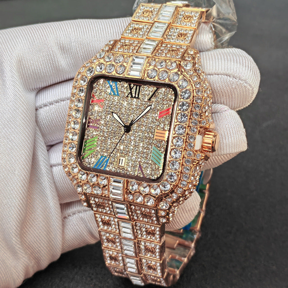 Luxury watch with rose gold case and diamond-studded face held by a gloved hand.