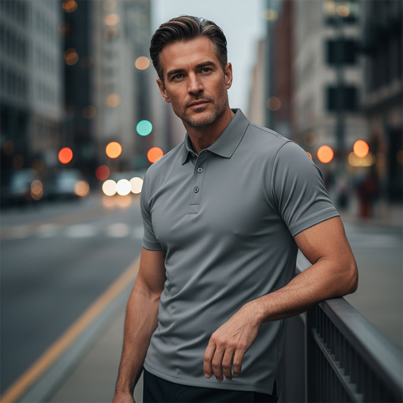 Man in a gray polo shirt standing on a city street with blurred lights in the background