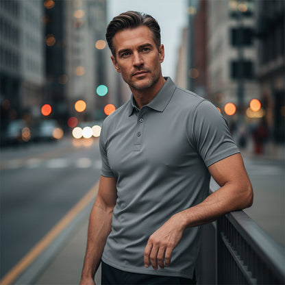 Man in a gray polo shirt standing on a city street with blurred lights in the background