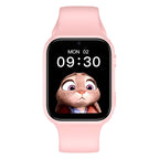 Pink smartwatch with a cartoon character on the screen against a white background