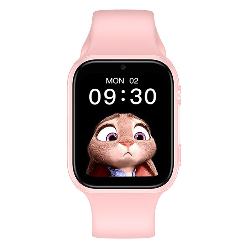 Pink smartwatch with a cartoon character on the screen against a white background