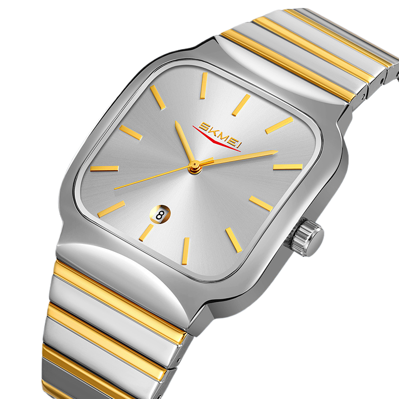 Silver and gold watch with a visible brand logo on a white background