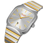 Silver and gold watch with a visible brand logo on a white background