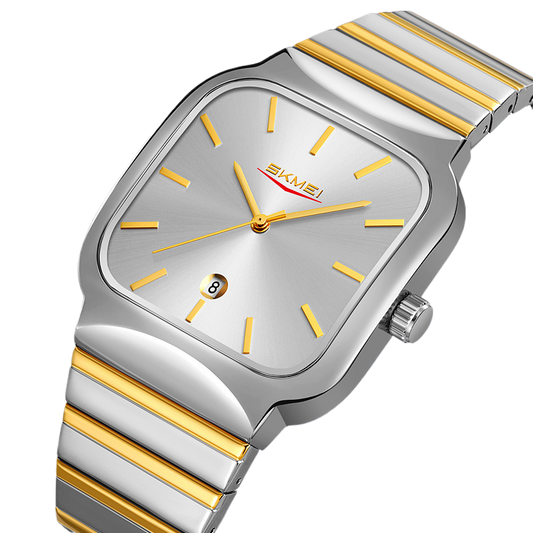Silver and gold watch with a visible brand logo on a white background