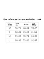 Size reference recommendation chart for clothing with bust, waist, and hip measurements.