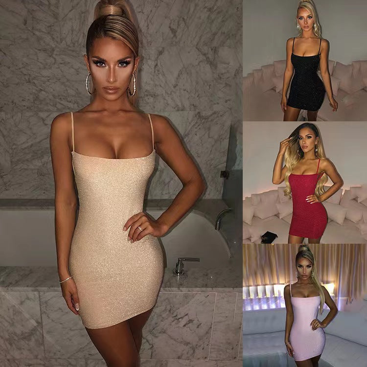 Woman in a beige dress posing in a bathroom setting with inset images of her in different dresses.