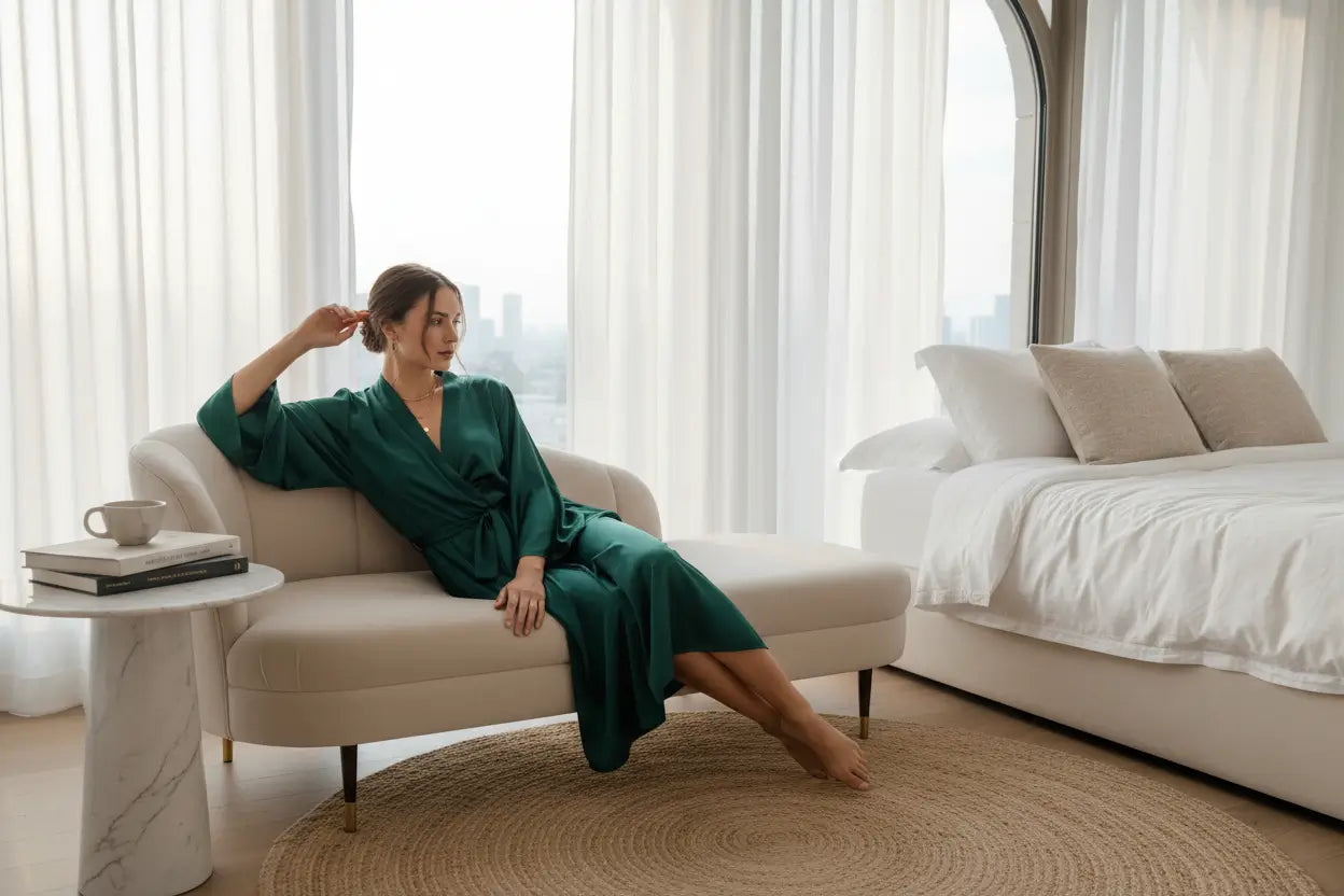 Woman in a green dress sitting on a beige sofa with a cityscape view.
