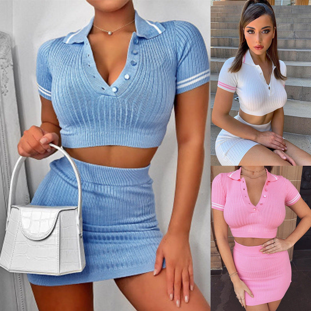 Woman wearing a blue knit two-piece set with a white handbag, sitting on steps, and standing in pink and white outfits.