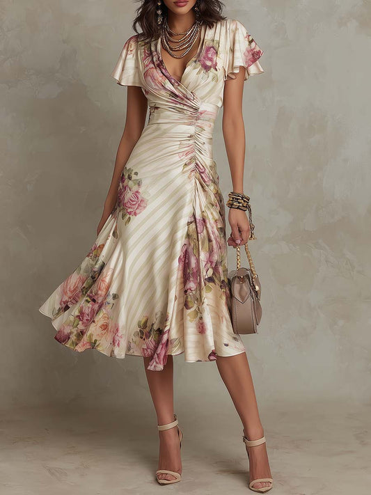 Woman wearing a floral dress with a neutral background