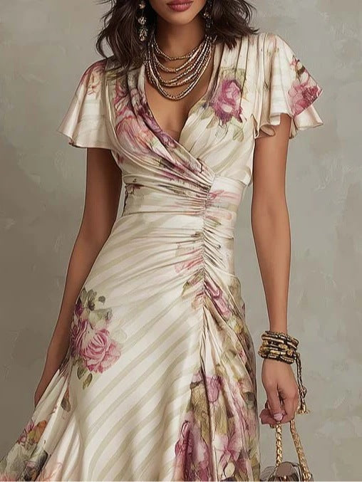 Woman wearing a floral dress with ruched details on a neutral background