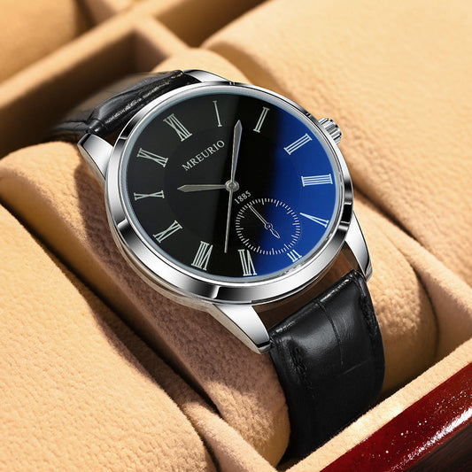 Wristwatch with black strap and blue dial on a beige surface