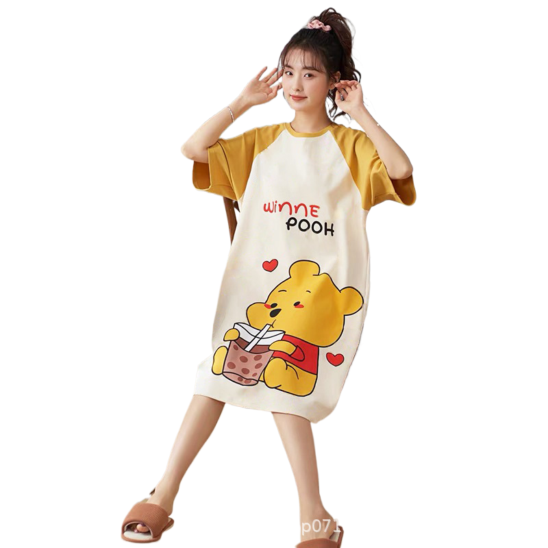 Women's Summer Milk Silk Nightgown, Cartoon Short Sleeve Sleep Dress, Plus Size Pajamas