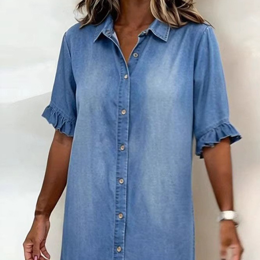 Womens Relaxed Denim Dress with Ruffles