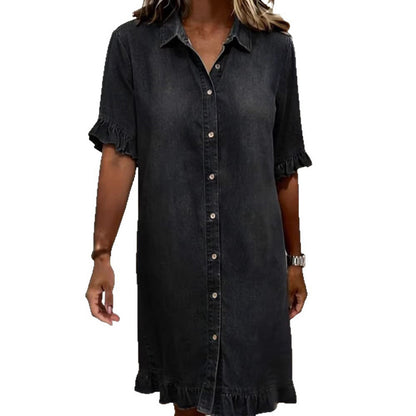 Womens Relaxed Denim Dress with Ruffles
