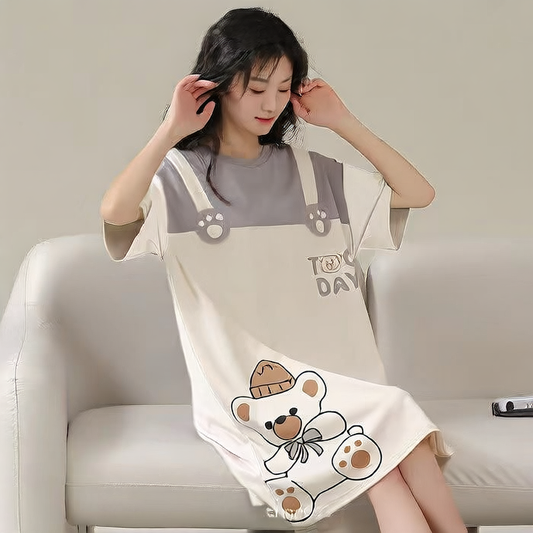 Women's Summer Milk Silk Nightgown, Cartoon Short Sleeve Sleep Dress, Plus Size Pajamas