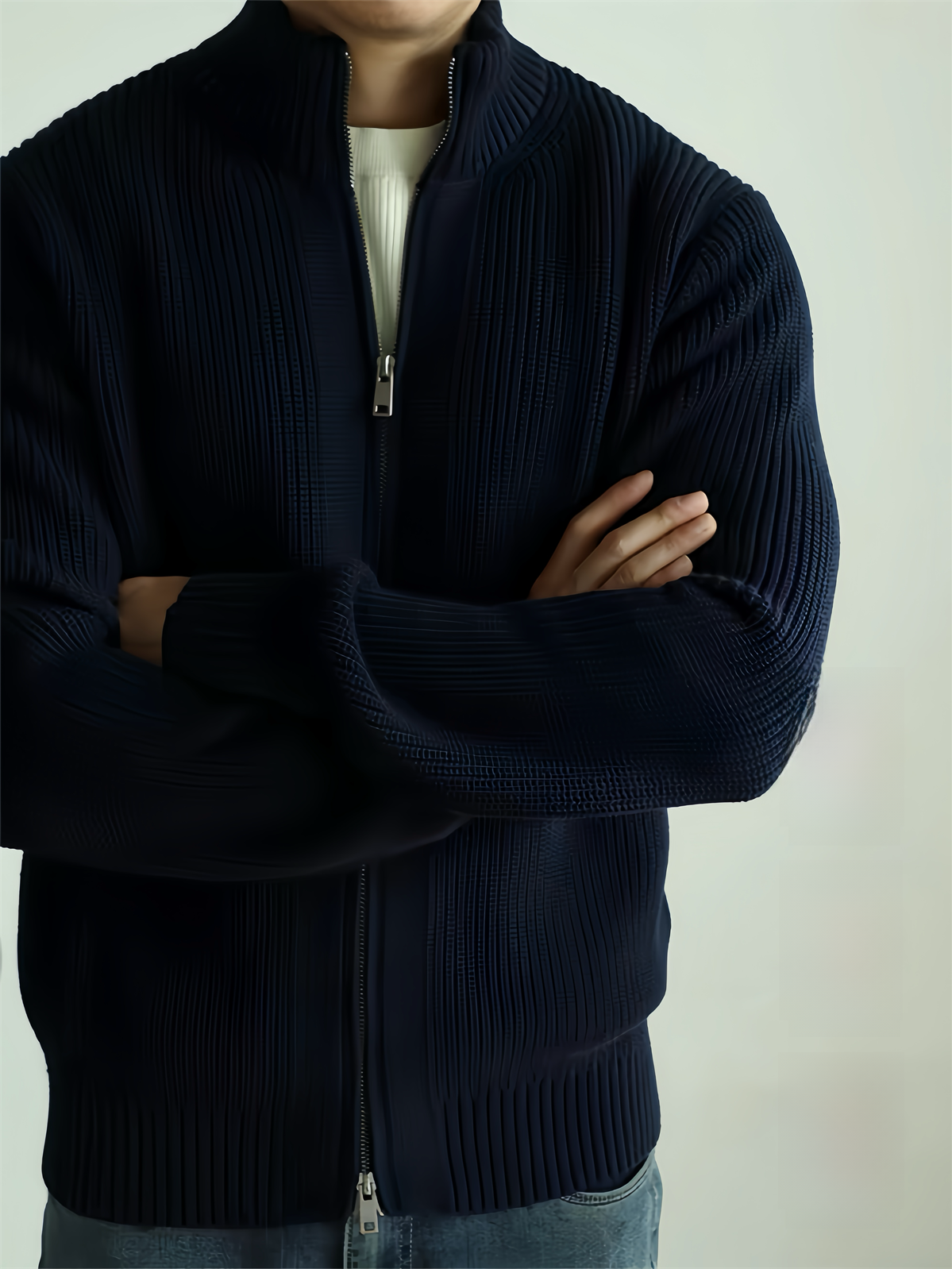Heavy-Duty Combed Cotton Zip-Up Knit Sweater