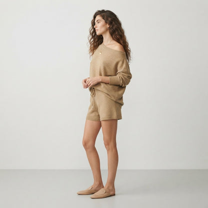 casual off shoulder knit sweater and shorts set