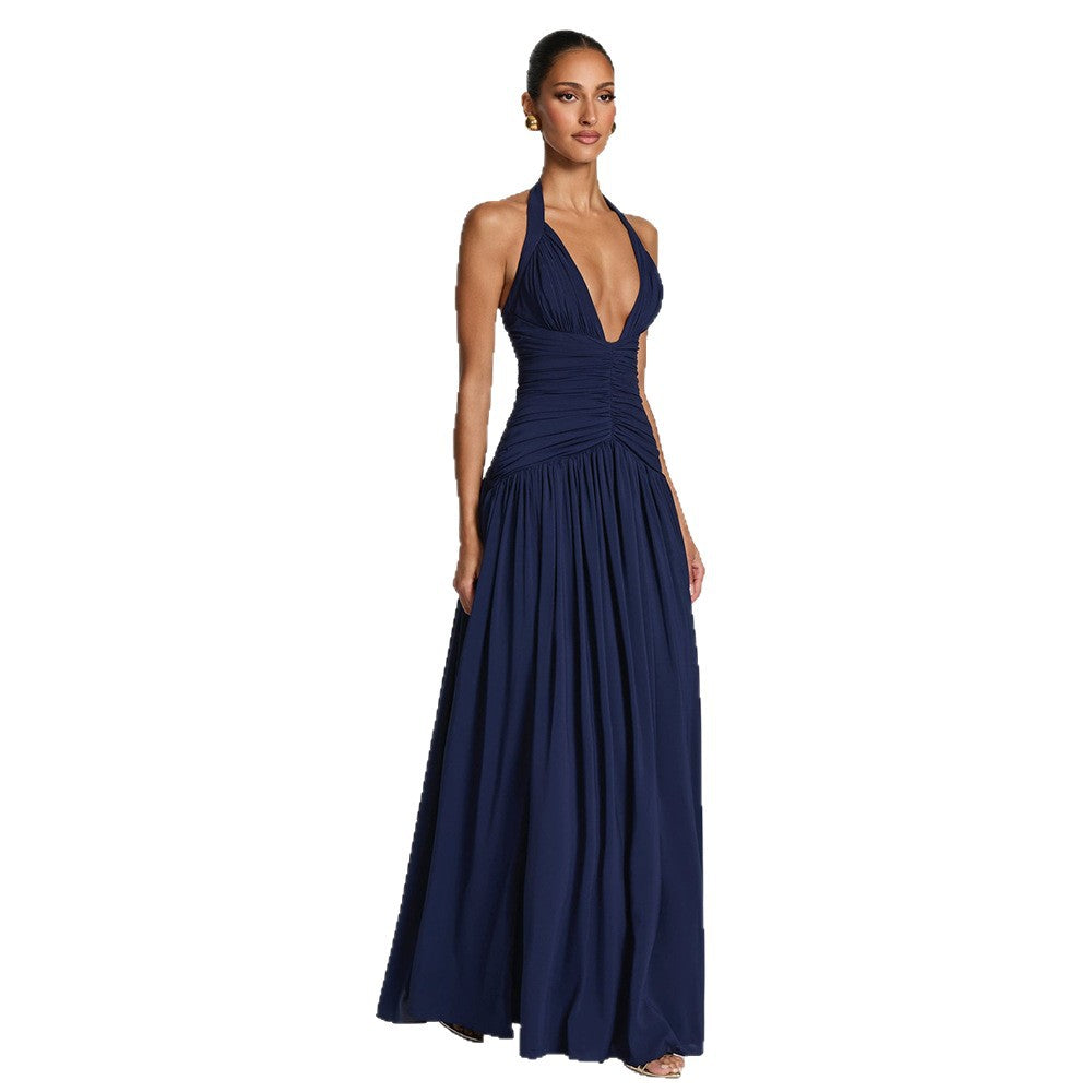 Womens Deep V Neck Backless Pleated Dress