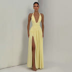 Womens Deep V Neck Backless Pleated Dress