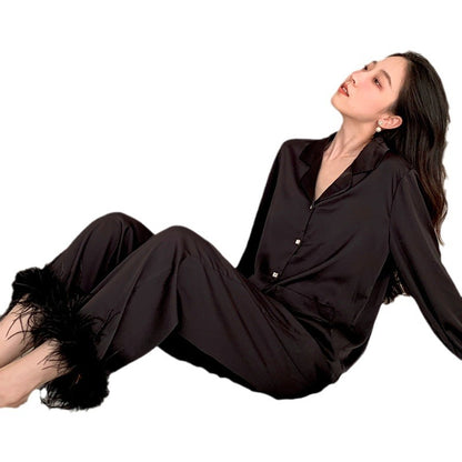 Women's Ice Silk Pajamas Set with Feather Detail