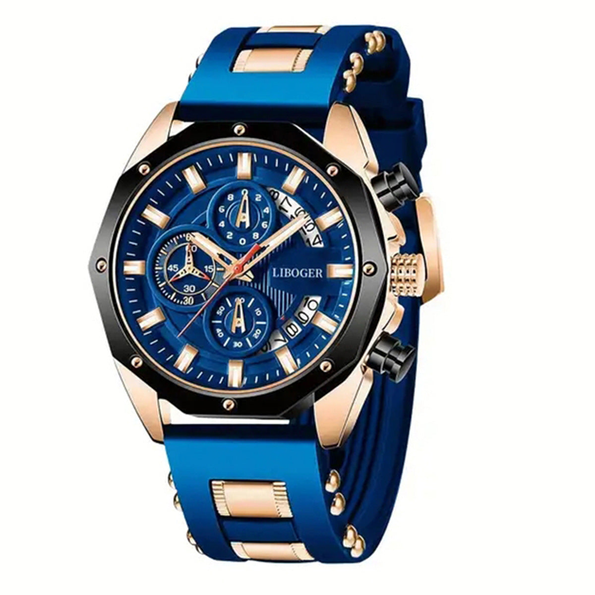 premium watch with blue strap and detailed face on a white background