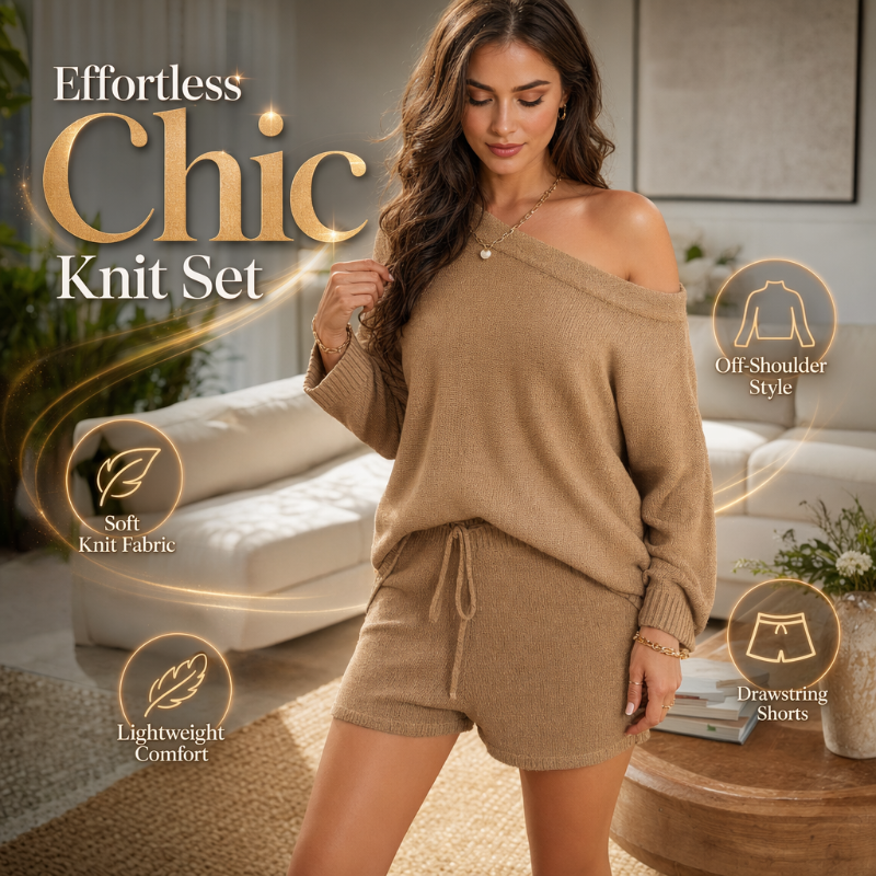 casual off shoulder knit sweater and shorts set