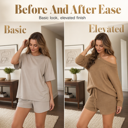 casual off shoulder knit sweater and shorts set