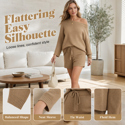 casual off shoulder knit sweater and shorts set