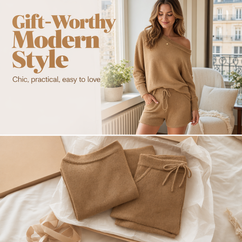 casual off shoulder knit sweater and shorts set