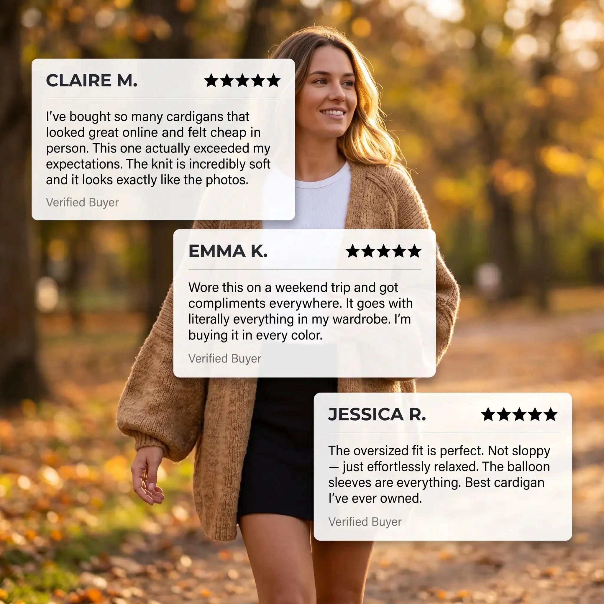Three customer review cards with star ratings are overlaid on a lifestyle photo of a woman wearing a brown knit cardigan in an autumn park setting.