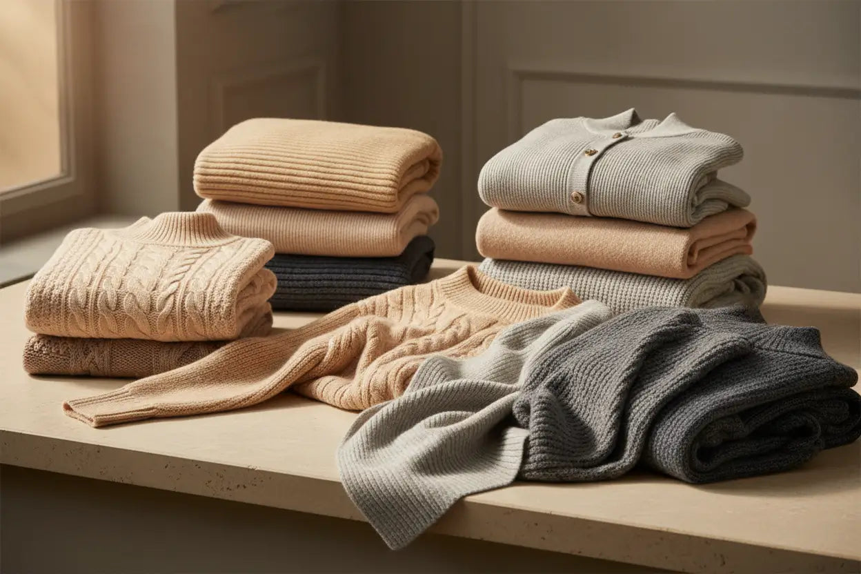 Stacks of folded sweaters on a wooden surface near a window.